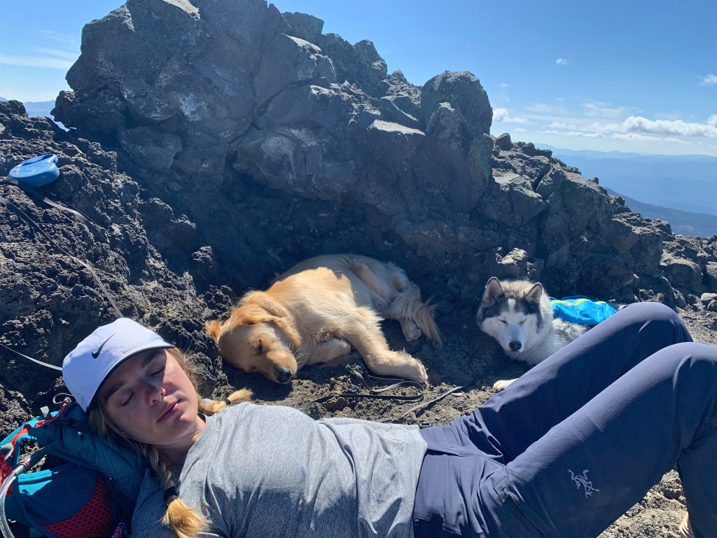 A woman and two dogs take a nap on top of a mountain after a strenuous hike. The dogs are a husky and a golden retriever.